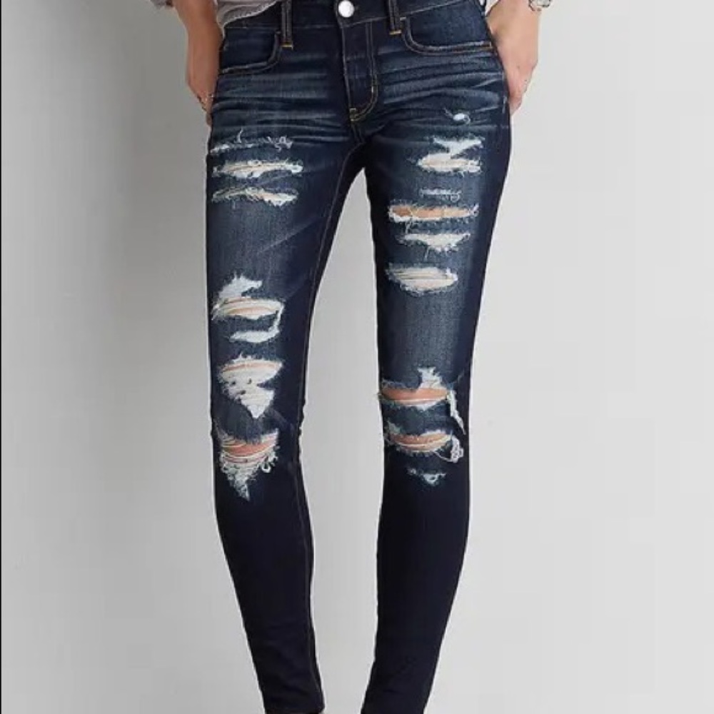 American eagle dark blue destructed jeggings